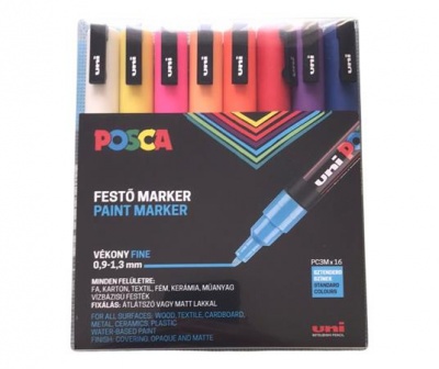 Dekormarker készlet, 0,9-1,3 mm, UNI "Posca PC-3M", 16 különböző szín